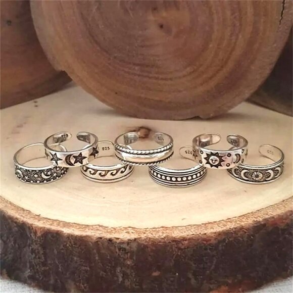 Toe Rings Foot Jewelry 7pc Silver Adjustable Beach Boho Trendy Stylish Vacation - Picture 2 of 4